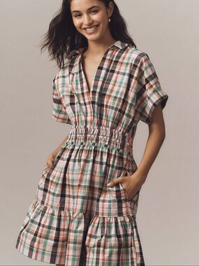 Anthropologie M Somerset Plaid Mini Dress Pink Green Smocked Waist